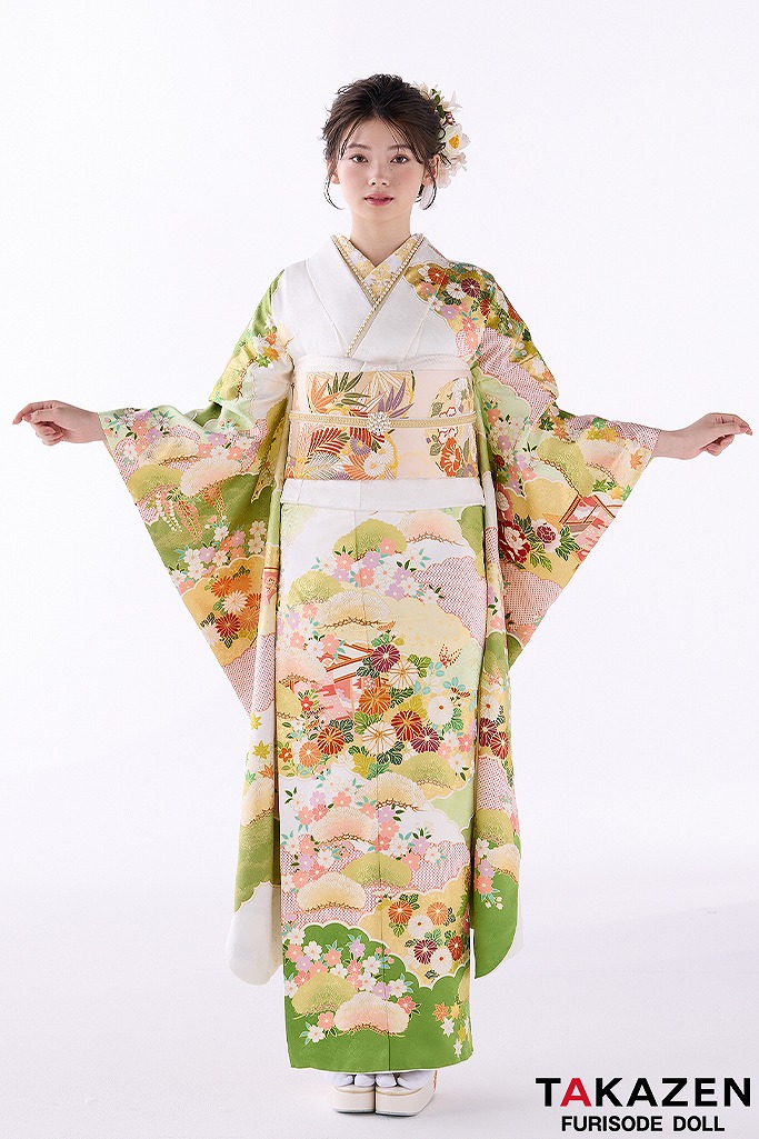 プレミアム古典　吉澤織物/文楽・人間国宝　吉田蓑助の世界 　最高級金彩手描友禅　白/黄緑　かわいらしい　上品　南琴奈　26030