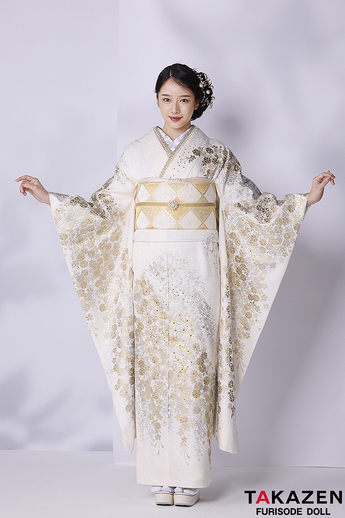 最高級古典柄振袖　関芳/最高級金駒金彩刺繍友禅　白/金　サクラ柄　キラキラ　上品　正絹　無彩色　透明感のある振袖　天翔天音　24039