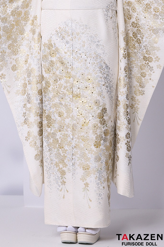 最高級古典柄振袖　関芳/最高級金駒金彩刺繍友禅　白/金　サクラ柄　キラキラ　上品　正絹　無彩色　透明感のある振袖　天翔天音　24039