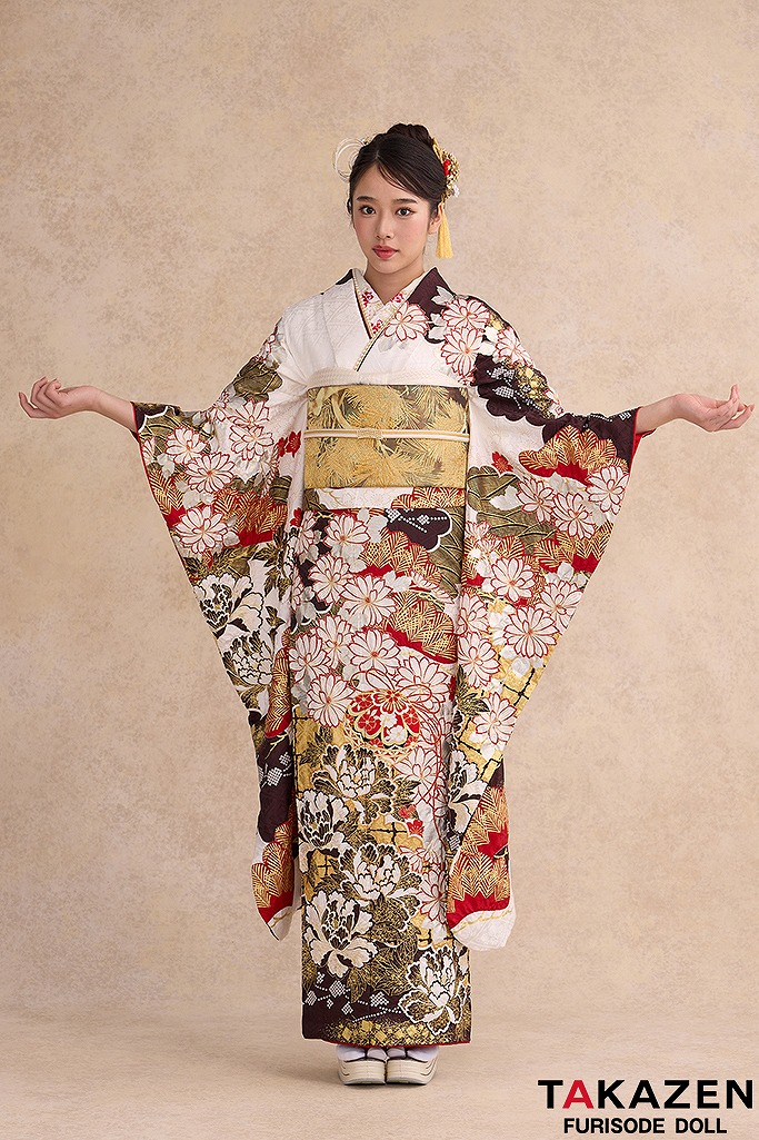 最高級古典柄振袖　滝泰/最高級金彩刺繍絞り友禅　赤/金　牡丹柄　大人っぽい　絞り　天翔天音　26040