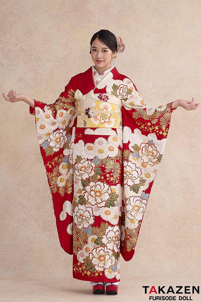 プレミアム古典　滝泰/最高級金彩刺繡絞り友禅　赤　牡丹柄　王道　清楚な振袖　綺麗　高級　天翔天音　26041