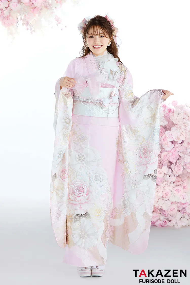 ヘップバーン最新作　コスメカラー　ピンク　バラ柄/リボン柄　一番かわいい振袖ネットレンタル　ガーリー　キラキラ　スワロフスキー・パール付き　香音　27001