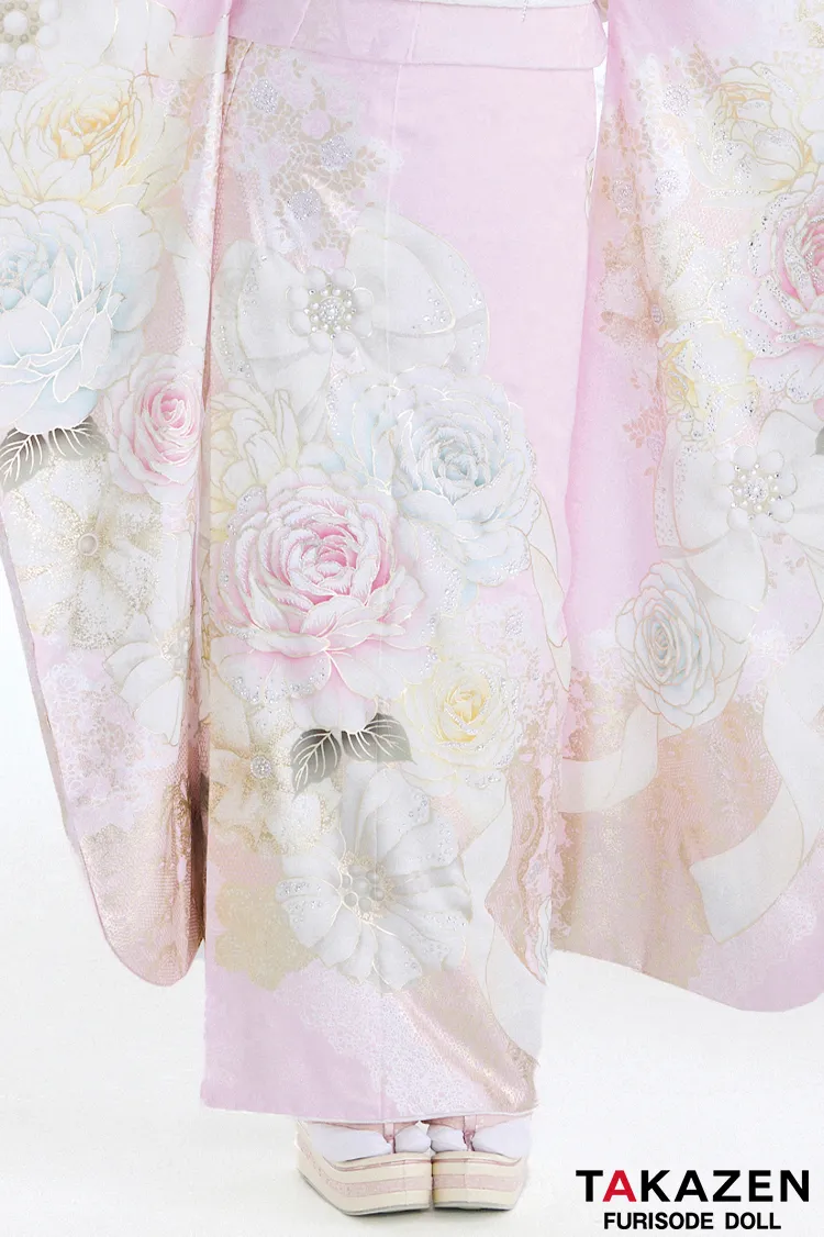 ヘップバーン最新作　コスメカラー　ピンク　バラ柄/リボン柄　一番かわいい振袖ネットレンタル　ガーリー　キラキラ　スワロフスキー・パール付き　香音　27001