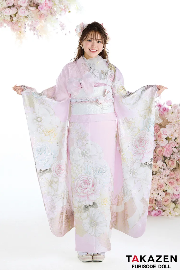 ヘップバーン最新作　コスメカラー　ピンク　バラ柄/リボン柄　一番かわいい振袖ネットレンタル　ガーリー　キラキラ　スワロフスキー・パール付き　香音　27001