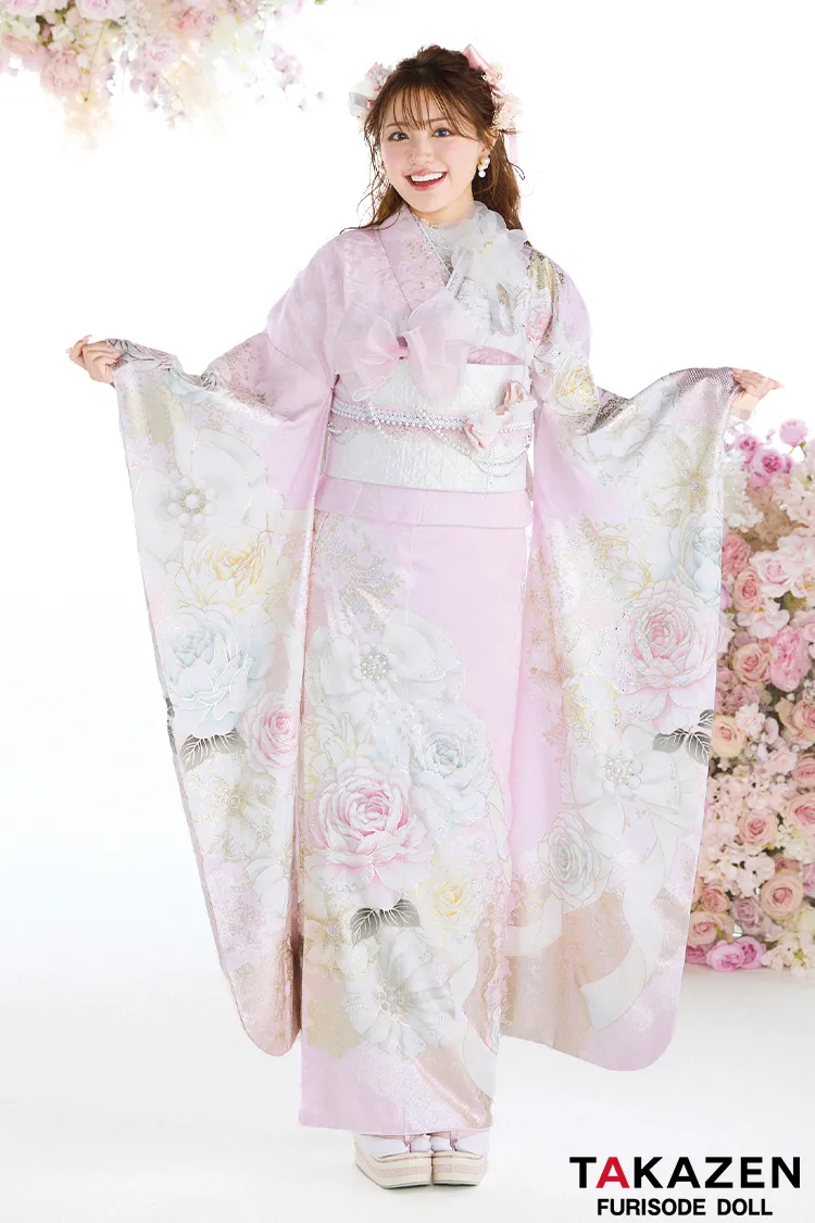 ヘップバーン最新作　コスメカラー　ピンク　バラ柄/リボン柄　一番かわいい振袖ネットレンタル　ガーリー　キラキラ　スワロフスキー・パール付き　香音　27001