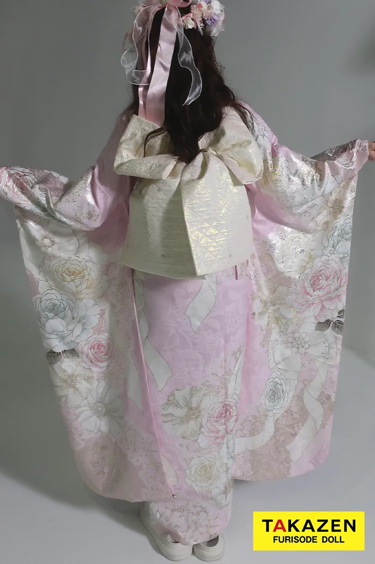 ヘップバーン最新作　コスメカラー　ピンク　バラ柄/リボン柄　一番かわいい振袖ネットレンタル　ガーリー　キラキラ　スワロフスキー・パール付き　香音　27001