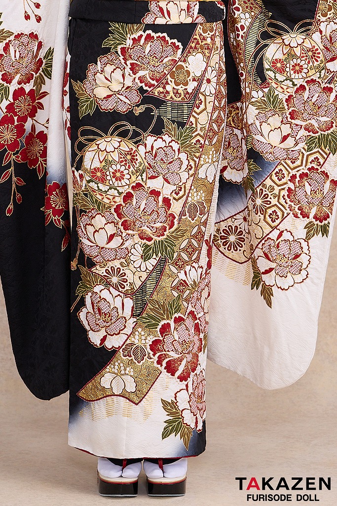 最高級古典柄振袖　滝泰/最高級金彩刺繍絞り友禅　黒/白　牡丹柄　かっこいい　大人っぽい　絞り　天翔愛　26043