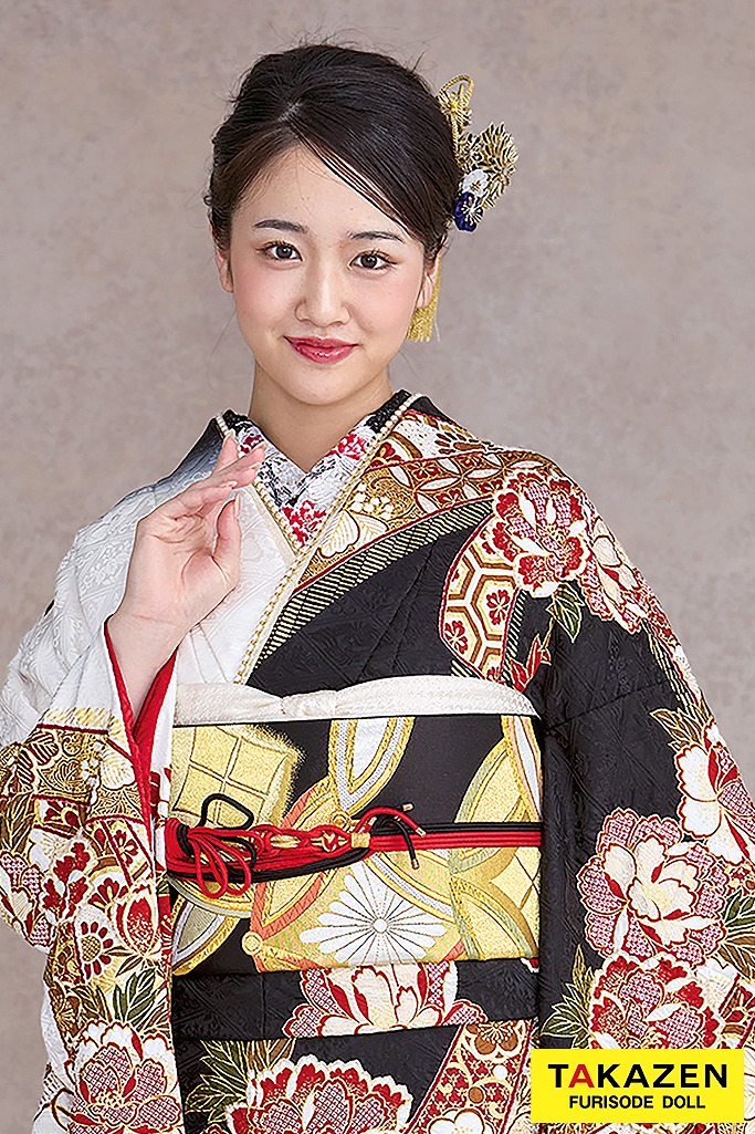最高級古典柄振袖　滝泰/最高級金彩刺繍絞り友禅　黒/白　牡丹柄　かっこいい　大人っぽい　絞り　天翔愛　26043