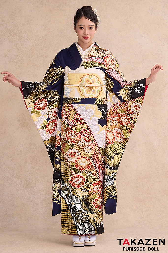 最高級古典柄振袖　滝泰/最高級金彩刺繍絞り友禅　紺色/ネイビー　牡丹柄　豪華　綺麗　上品　絞り　天翔天音　26044