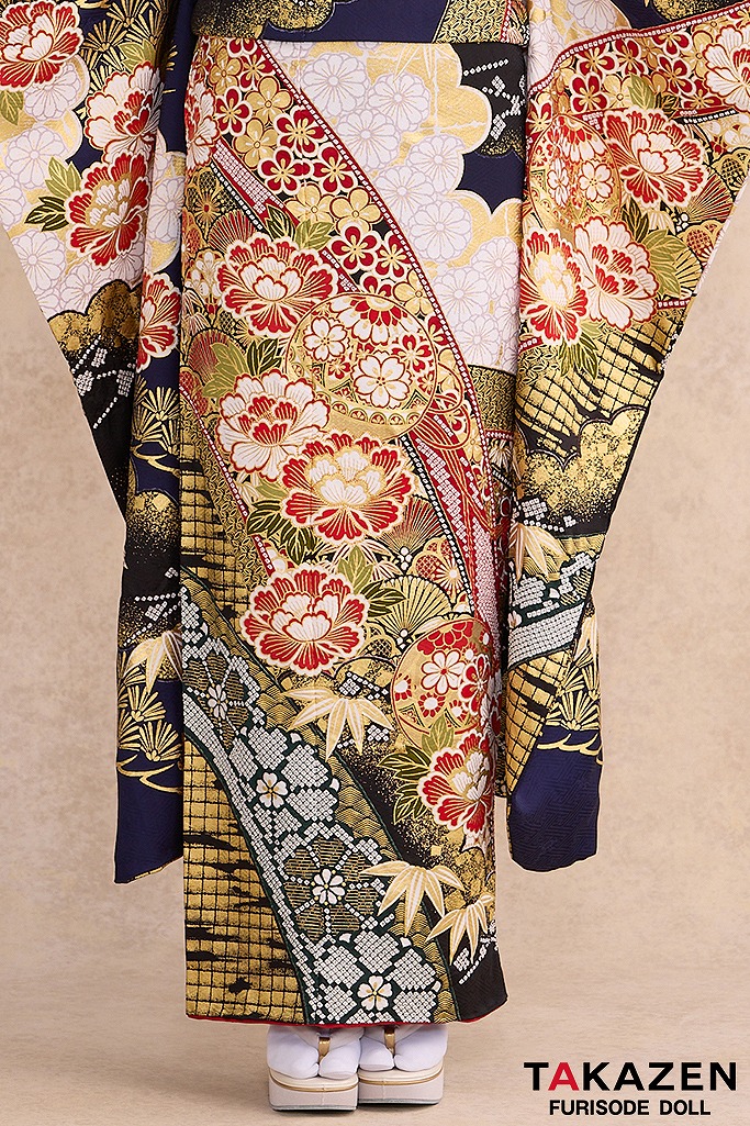 最高級古典柄振袖　滝泰/最高級金彩刺繍絞り友禅　紺色/ネイビー　牡丹柄　豪華　綺麗　上品　絞り　天翔天音　26044