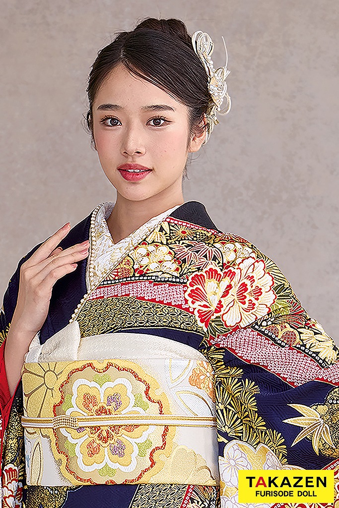 最高級古典柄振袖　滝泰/最高級金彩刺繍絞り友禅　紺色/ネイビー　牡丹柄　豪華　綺麗　上品　絞り　天翔天音　26044