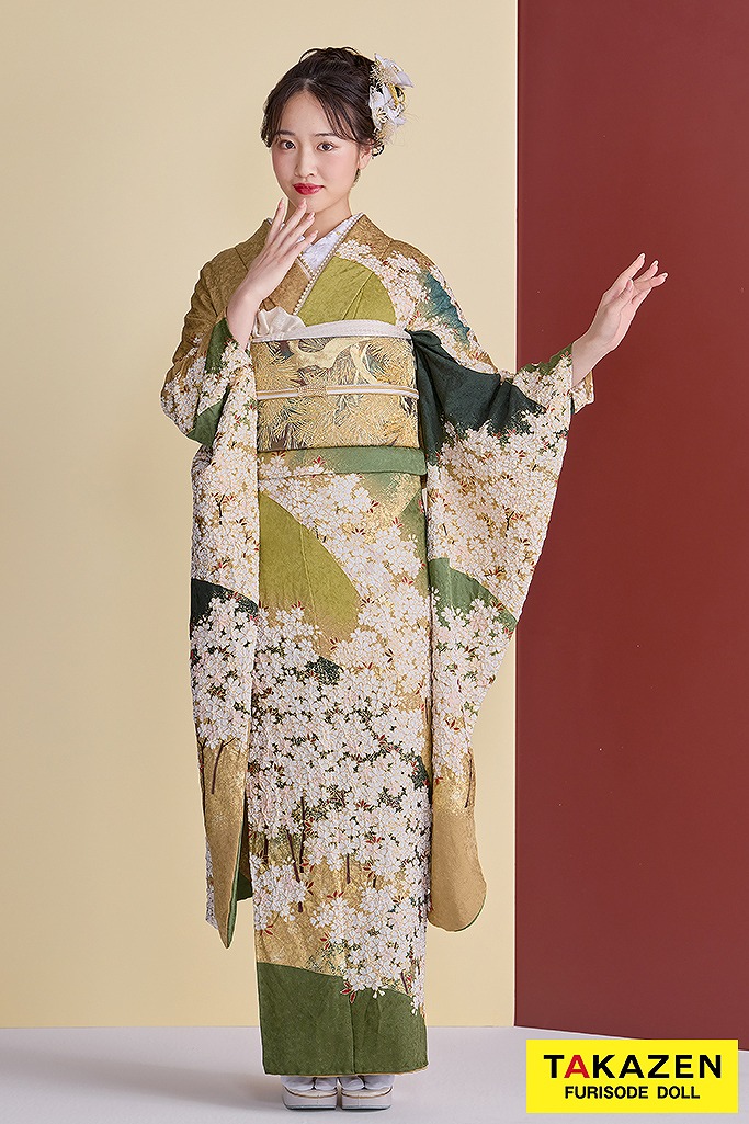 プレミアム古典　青柳/最高級絞り手描友禅　緑/鶸色　桜柄　高級振袖　大人っぽい　人とかぶらない　天翔愛　26046