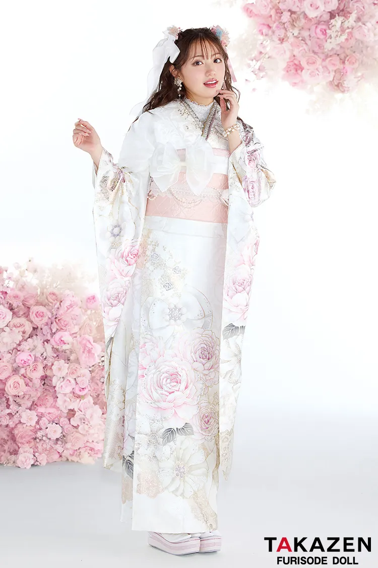 ヘップバーン最新作　コスメカラー　白ピンク　薔薇柄/リボン柄　一番かわいい振袖ネットレンタル　ガーリー　キラキラ　スワロフスキー・パール付き　香音　27002