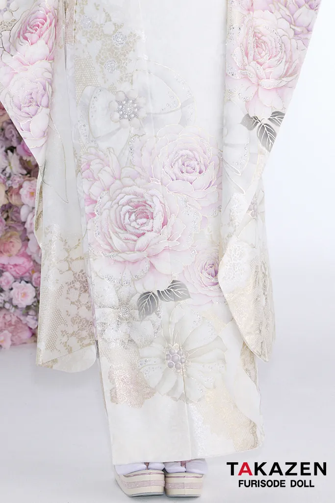 ヘップバーン最新作　コスメカラー　白ピンク　薔薇柄/リボン柄　一番かわいい振袖ネットレンタル　ガーリー　キラキラ　スワロフスキー・パール付き　香音　27002