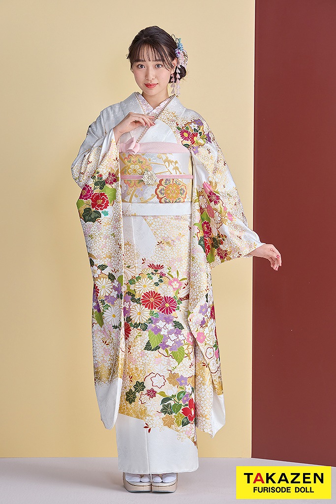 プレミアム古典　青柳/最高級絞り手描友禅　白　菊柄　上品な振袖　綺麗　柄小さめ　かわいらしい　藤岡舞衣　26047