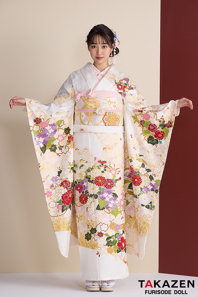 プレミアム古典　青柳/最高級絞り手描友禅　白　菊柄　上品な振袖　綺麗　柄小さめ　かわいらしい　藤岡舞衣　26047