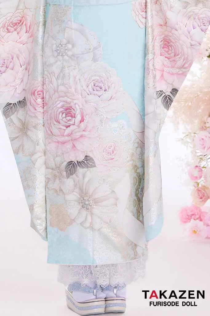 ヘップバーン最新作　コスメカラー　水色/ピンク　バラ柄/リボン柄　透明感　かわいい　ガーリー　キラキラ　スワロフスキー・パール付き振袖ネットレンタル　香音　27003