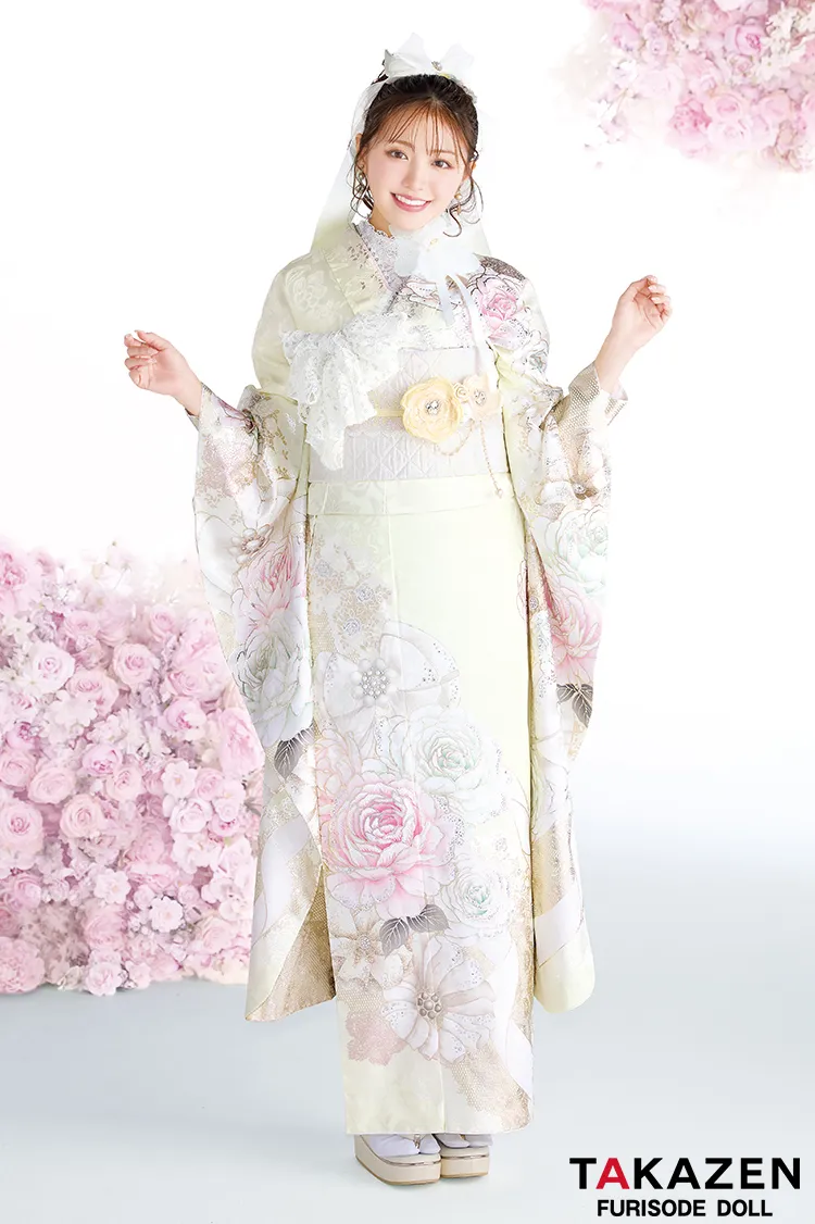 ヘップバーン最新作　コスメカラー　イエロー/ペールイエロー　バラ柄/リボン柄　透明感　かわいい　ガーリー　キラキラ　スワロフスキー・パール付き振袖ネットレンタル　香音　27004