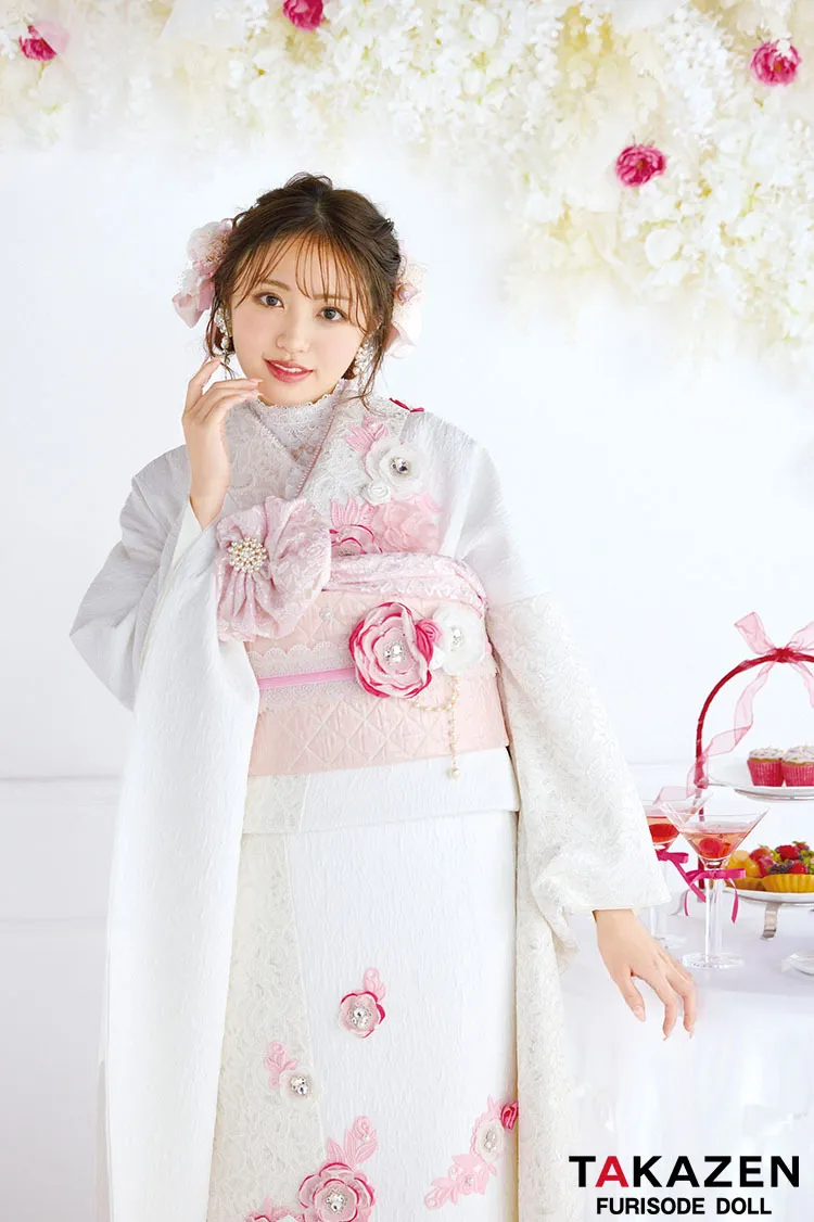 最新作ヘップバーン　ミニョン　白ピンク　立体花/レース　一番かわいい　フレンチガーリー　　洋風　レースインナーコーデ　キラキラビジュー付き振袖ネットレンタル　香音　27005