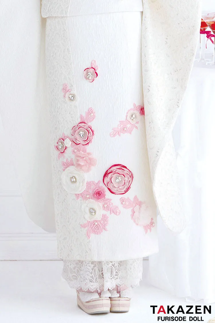 最新作ヘップバーン　ミニョン　白ピンク　立体花/レース　一番かわいい　フレンチガーリー　　洋風　レースインナーコーデ　キラキラビジュー付き振袖ネットレンタル　香音　27005