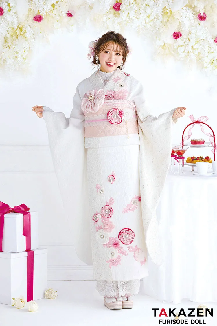 最新作ヘップバーン　ミニョン　白ピンク　立体花/レース　一番かわいい　フレンチガーリー　　洋風　レースインナーコーデ　キラキラビジュー付き振袖ネットレンタル　香音　27005