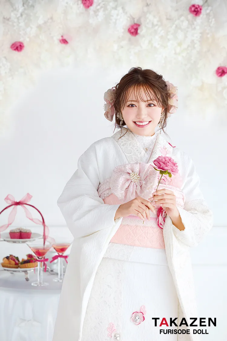 最新作ヘップバーン　ミニョン　白ピンク　立体花/レース　一番かわいい　フレンチガーリー　　洋風　レースインナーコーデ　キラキラビジュー付き振袖ネットレンタル　香音　27005