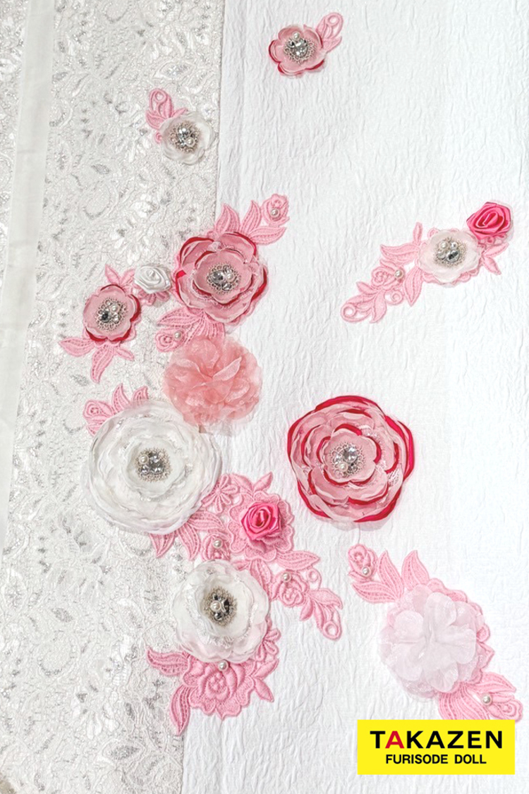最新作ヘップバーン　ミニョン　白ピンク　立体花/レース　一番かわいい　フレンチガーリー　　洋風　レースインナーコーデ　キラキラビジュー付き振袖ネットレンタル　香音　27005
