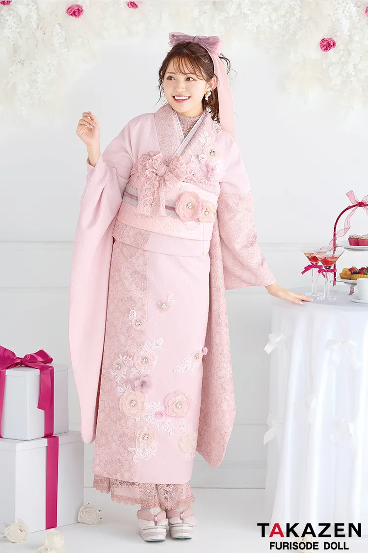 最新作ヘップバーン　ミニョン　ピンク　立体花/レース　フレンチガーリー　キラキラビジュー付き　人とかぶらない　レースインナーコーデ　香音　一番かわいい振袖ネットレンタル　　27006
