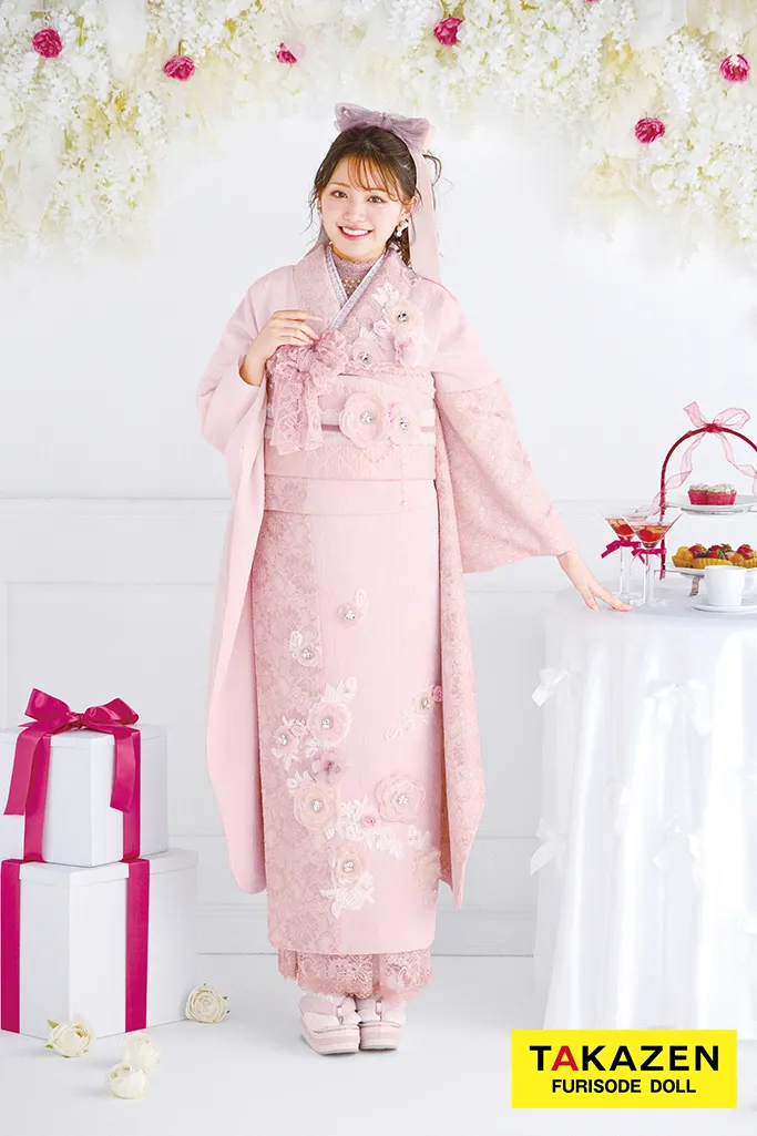 最新作ヘップバーン　ミニョン　ピンク　立体花/レース　フレンチガーリー　キラキラビジュー付き　人とかぶらない　レースインナーコーデ　香音　一番かわいい振袖ネットレンタル　　27006