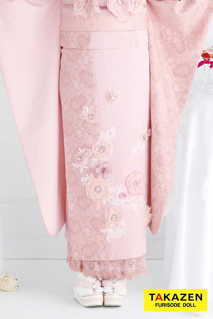 最新作ヘップバーン　ミニョン　ピンク　立体花/レース　フレンチガーリー　キラキラビジュー付き　人とかぶらない　レースインナーコーデ　香音　一番かわいい振袖ネットレンタル　　27006