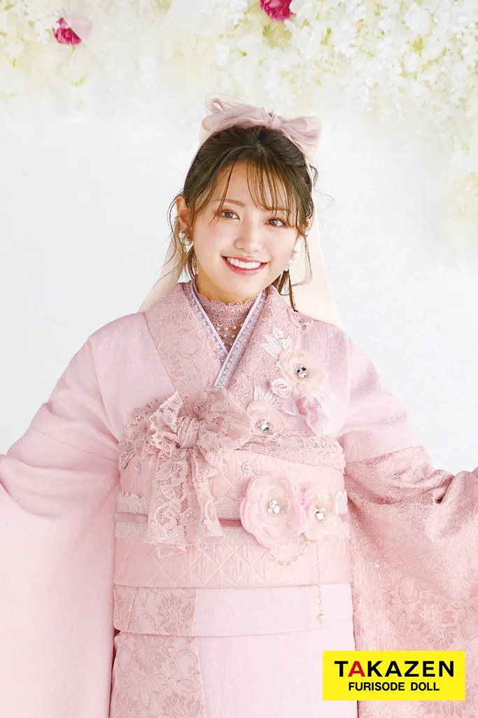最新作ヘップバーン　ミニョン　ピンク　立体花/レース　フレンチガーリー　キラキラビジュー付き　人とかぶらない　レースインナーコーデ　香音　一番かわいい振袖ネットレンタル　　27006