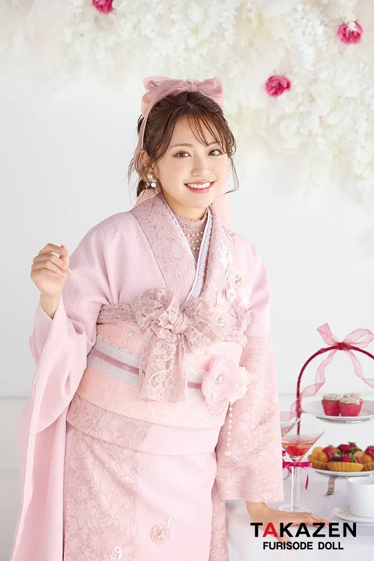 最新作ヘップバーン　ミニョン　ピンク　立体花/レース　フレンチガーリー　キラキラビジュー付き　人とかぶらない　レースインナーコーデ　香音　一番かわいい振袖ネットレンタル　　27006