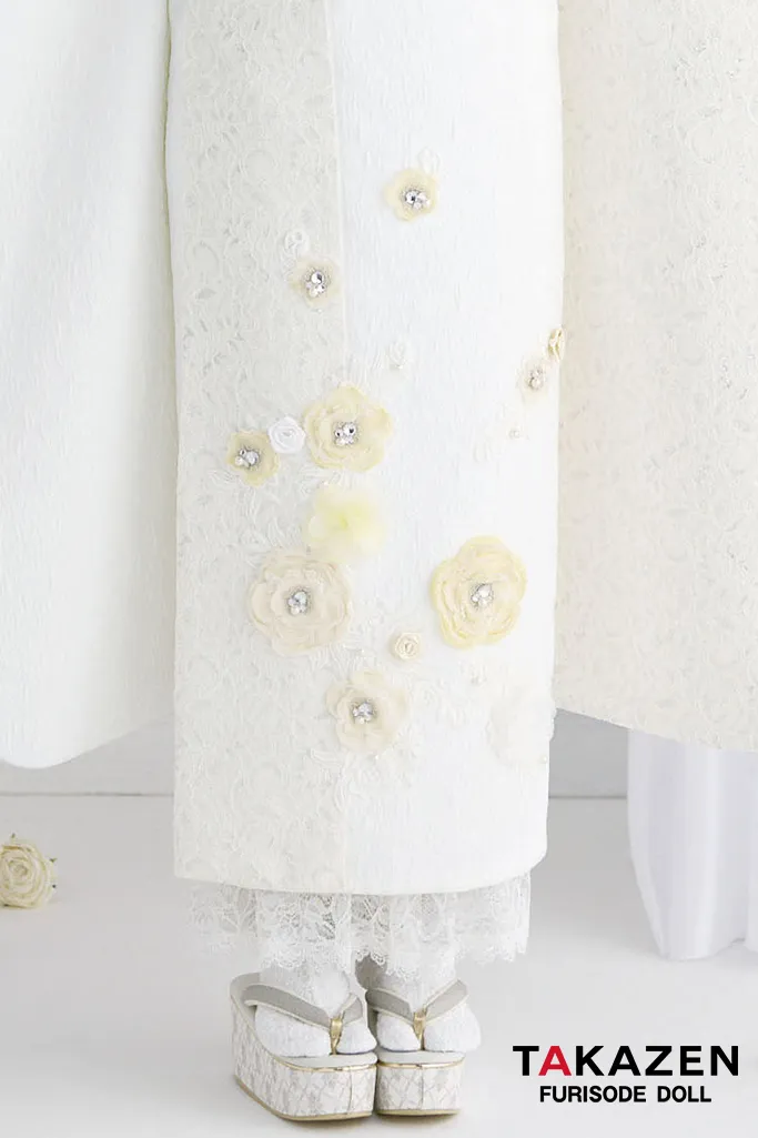 最新作ヘップバーン　ミニョン　白/イエロー　立体花/レース　キラキラ　かわいい　フレンチガーリー　エレガント　レースインナーコーデ　ビジュー付き振袖ネットレンタル　香音　27007