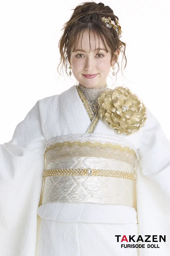 最新作ヘップバーンローズ　白金/ゴールド　薔薇　立体花　最先端　エレガント　レースインナー　ゴージャス　周防ジゼル　きれいめ振袖ネットレンタル　　27008