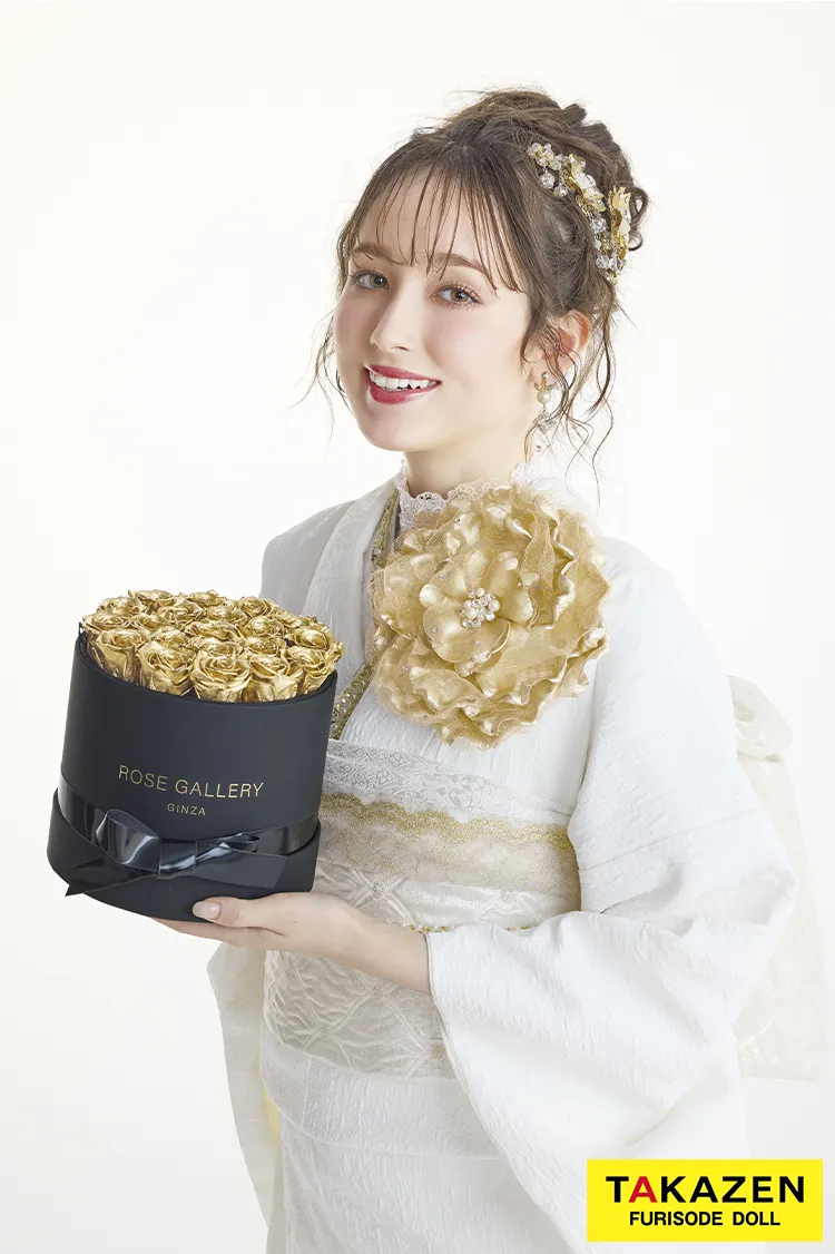 最新作ヘップバーンローズ　白金/ゴールド　薔薇　立体花　最先端　エレガント　レースインナー　ゴージャス　周防ジゼル　きれいめ振袖ネットレンタル　　27008