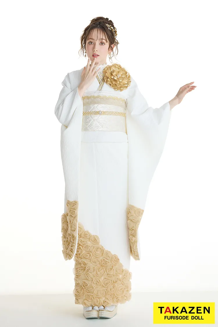最新作ヘップバーンローズ　白金/ゴールド　薔薇　立体花　最先端　エレガント　レースインナー　ゴージャス　周防ジゼル　きれいめ振袖ネットレンタル　　27008