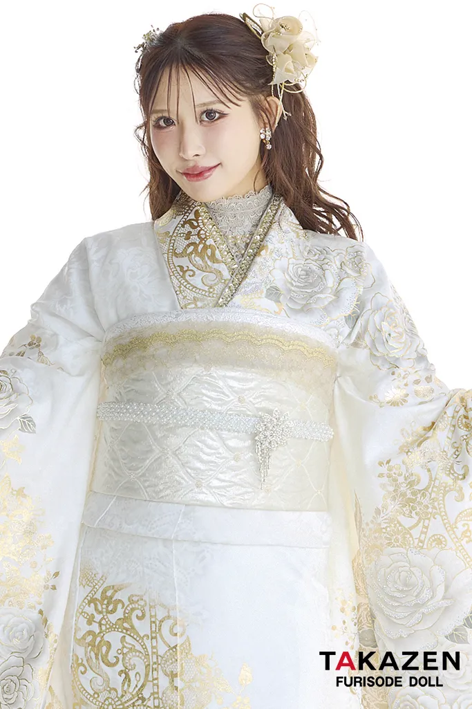 最新作ヘップバーンローズ　白金/ゴールド　バラ柄　キラキラスワロフスキー　エレガント　きれいめ　レースインナー　ゴージャス振袖ネットレンタル　伊藤桃々　27009