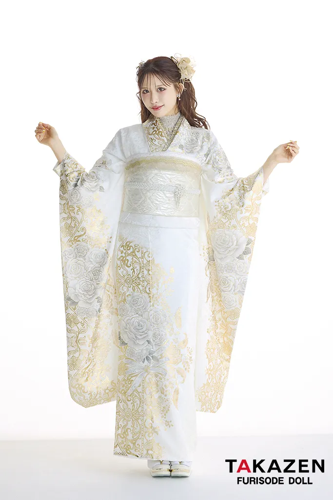 最新作ヘップバーンローズ　白金/ゴールド　バラ柄　キラキラスワロフスキー　エレガント　きれいめ　レースインナー　ゴージャス振袖ネットレンタル　伊藤桃々　27009