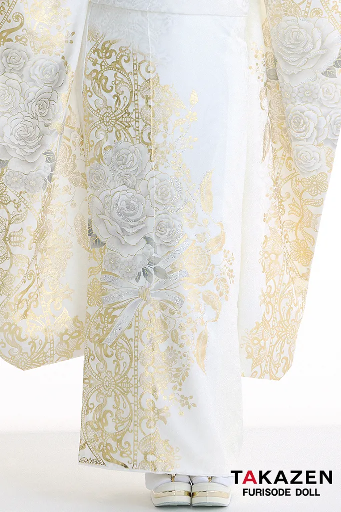 最新作ヘップバーンローズ　白金/ゴールド　バラ柄　キラキラスワロフスキー　エレガント　きれいめ　レースインナー　ゴージャス振袖ネットレンタル　伊藤桃々　27009