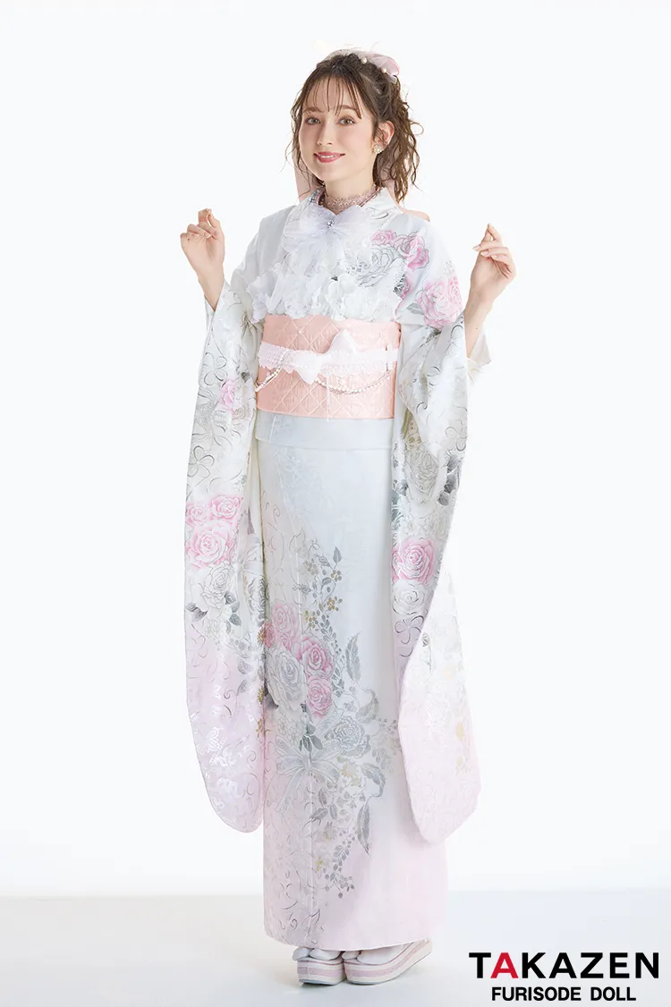 ヘップバーンローズ　白/ピンク　バラ柄/リボン柄　かわいい振袖　透明感　リボンアレンジ　周防ジゼル　キラキラスワロフスキー付きネットレンタル　26009