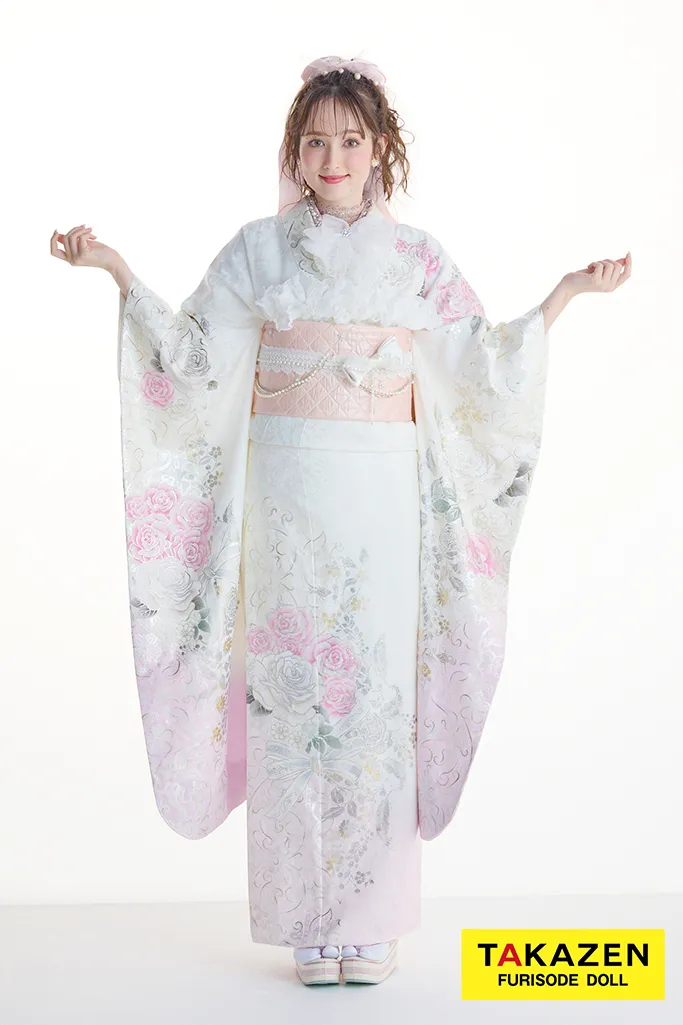 ヘップバーンローズ　白/ピンク　バラ柄/リボン柄　かわいい振袖　透明感　リボンアレンジ　周防ジゼル　キラキラスワロフスキー付きネットレンタル　26009