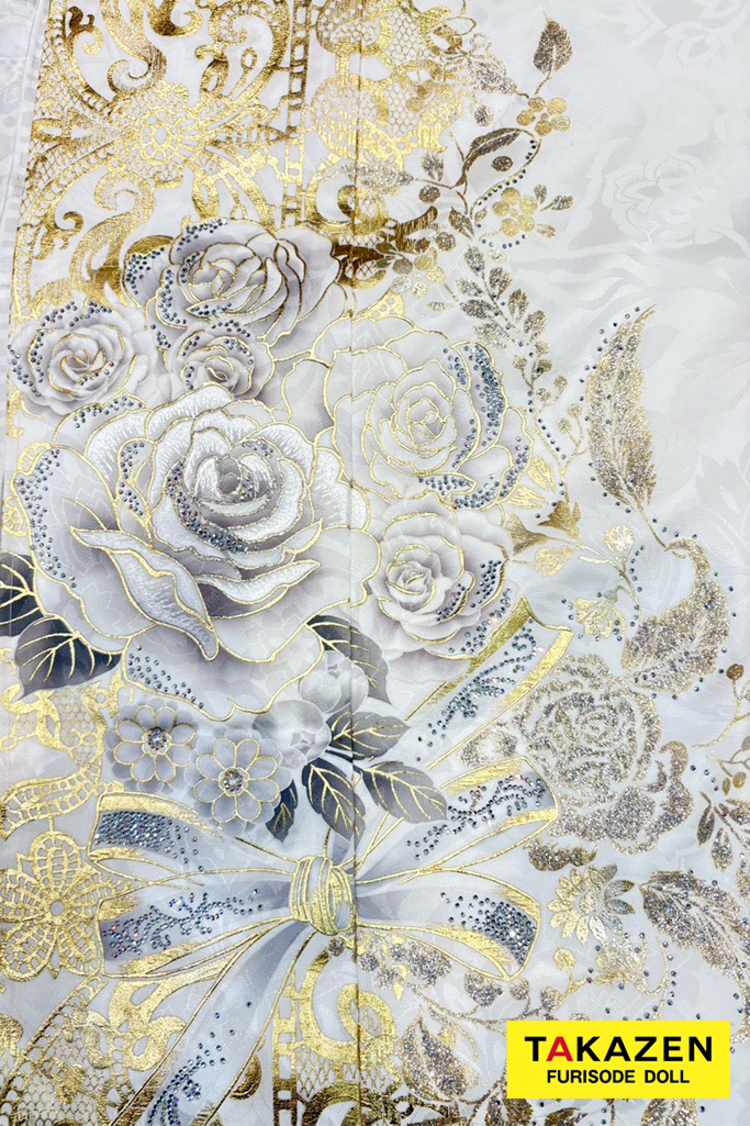 最新作ヘップバーンローズ　白金/ゴールド　バラ柄　キラキラスワロフスキー　エレガント　きれいめ　レースインナー　ゴージャス振袖ネットレンタル　伊藤桃々　27009
