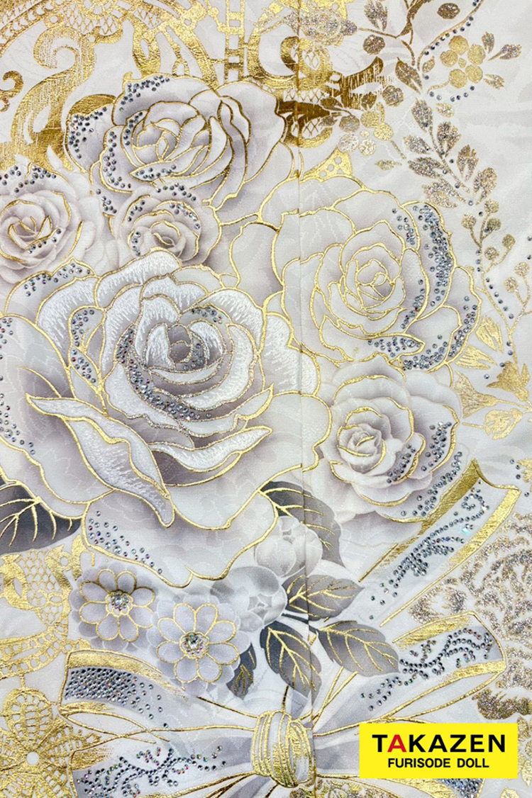 最新作ヘップバーンローズ　白金/ゴールド　バラ柄　キラキラスワロフスキー　エレガント　きれいめ　レースインナー　ゴージャス振袖ネットレンタル　伊藤桃々　27009