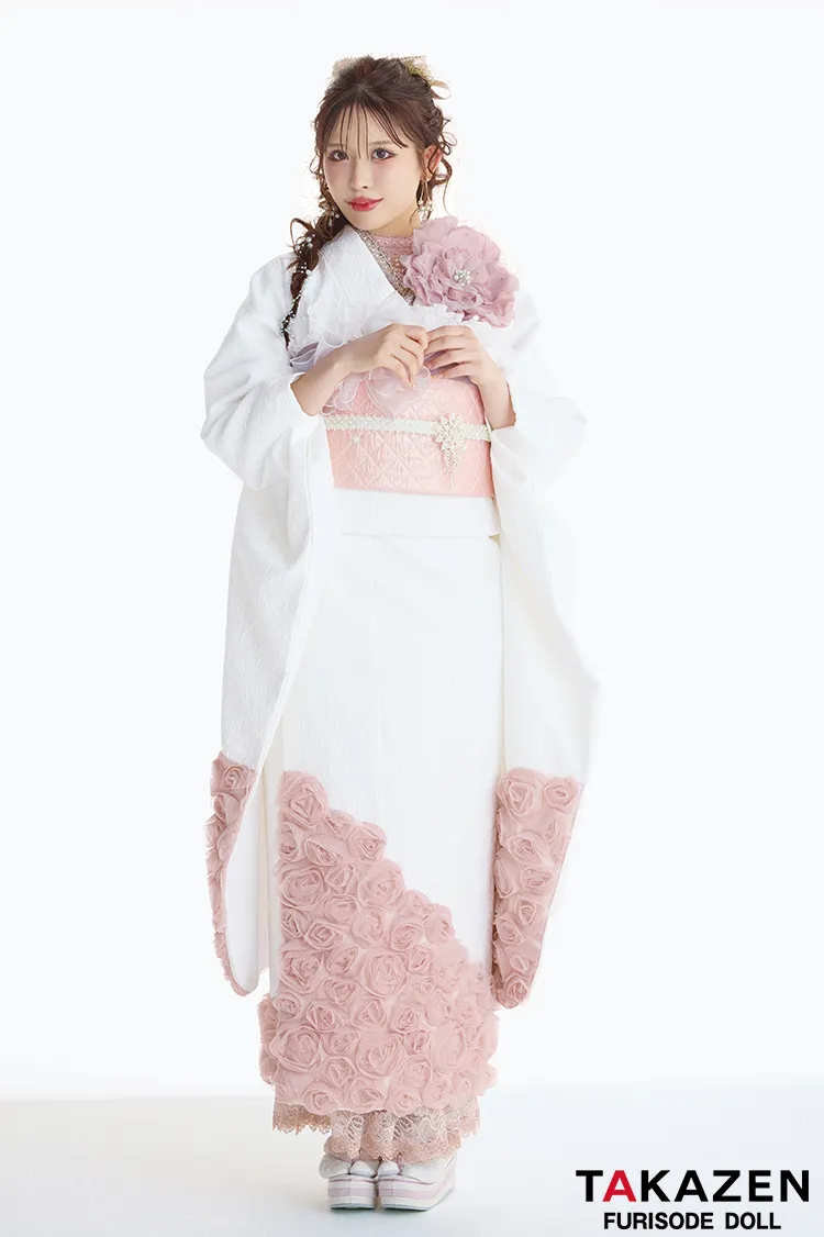 最新作ヘップバーンローズ　白ピンク　薔薇　立体花　エレガント　一番かわいい　レースインナー　洋風　ドレッシー振袖ネットレンタル　伊藤桃々　27010