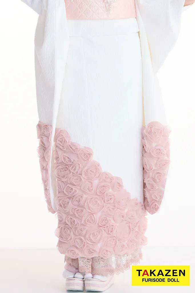 最新作ヘップバーンローズ　白ピンク　薔薇　立体花　エレガント　一番かわいい　レースインナー　洋風　ドレッシー振袖ネットレンタル　伊藤桃々　27010