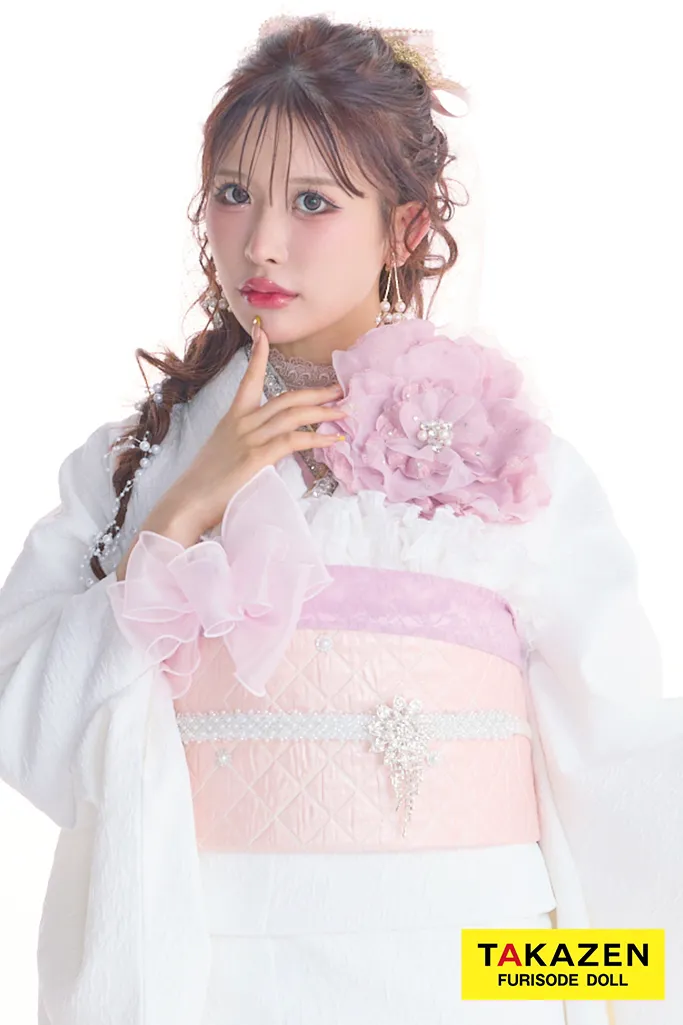 最新作ヘップバーンローズ　白ピンク　薔薇　立体花　エレガント　一番かわいい　レースインナー　洋風　ドレッシー振袖ネットレンタル　伊藤桃々　27010