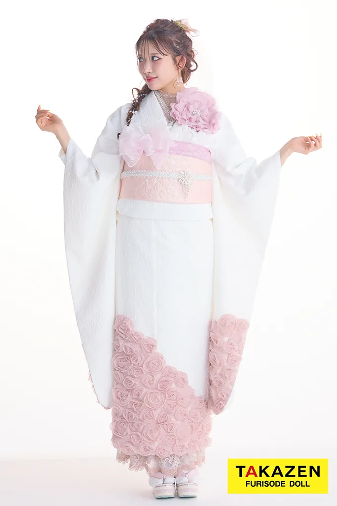 最新作ヘップバーンローズ　白ピンク　薔薇　立体花　エレガント　一番かわいい　レースインナー　洋風　ドレッシー振袖ネットレンタル　伊藤桃々　27010