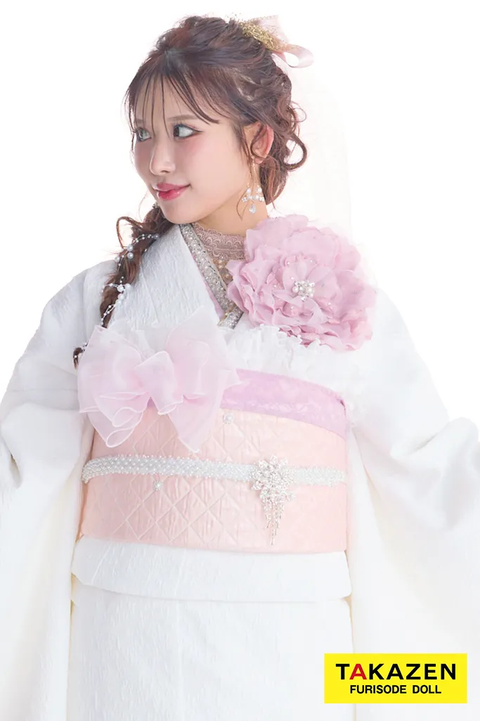 最新作ヘップバーンローズ　白ピンク　薔薇　立体花　エレガント　一番かわいい　レースインナー　洋風　ドレッシー振袖ネットレンタル　伊藤桃々　27010