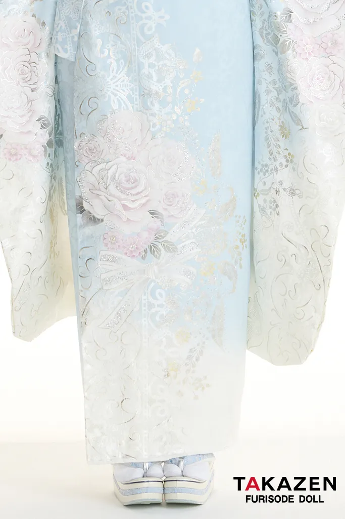 最新作ヘップバーンローズ　水色/ピンク　バラ柄　一番かわいい　きれいめ　レースインナー　洋風　ガーリー　透明感　キラキラスワロフスキー付き振袖ネットレンタル　周防ジゼル　27012