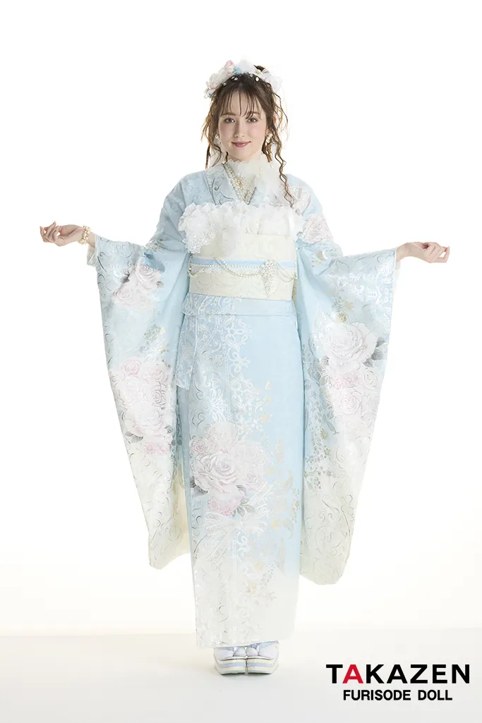 最新作ヘップバーンローズ　水色/ピンク　バラ柄　一番かわいい　きれいめ　レースインナー　洋風　ガーリー　透明感　キラキラスワロフスキー付き振袖ネットレンタル　周防ジゼル　27012